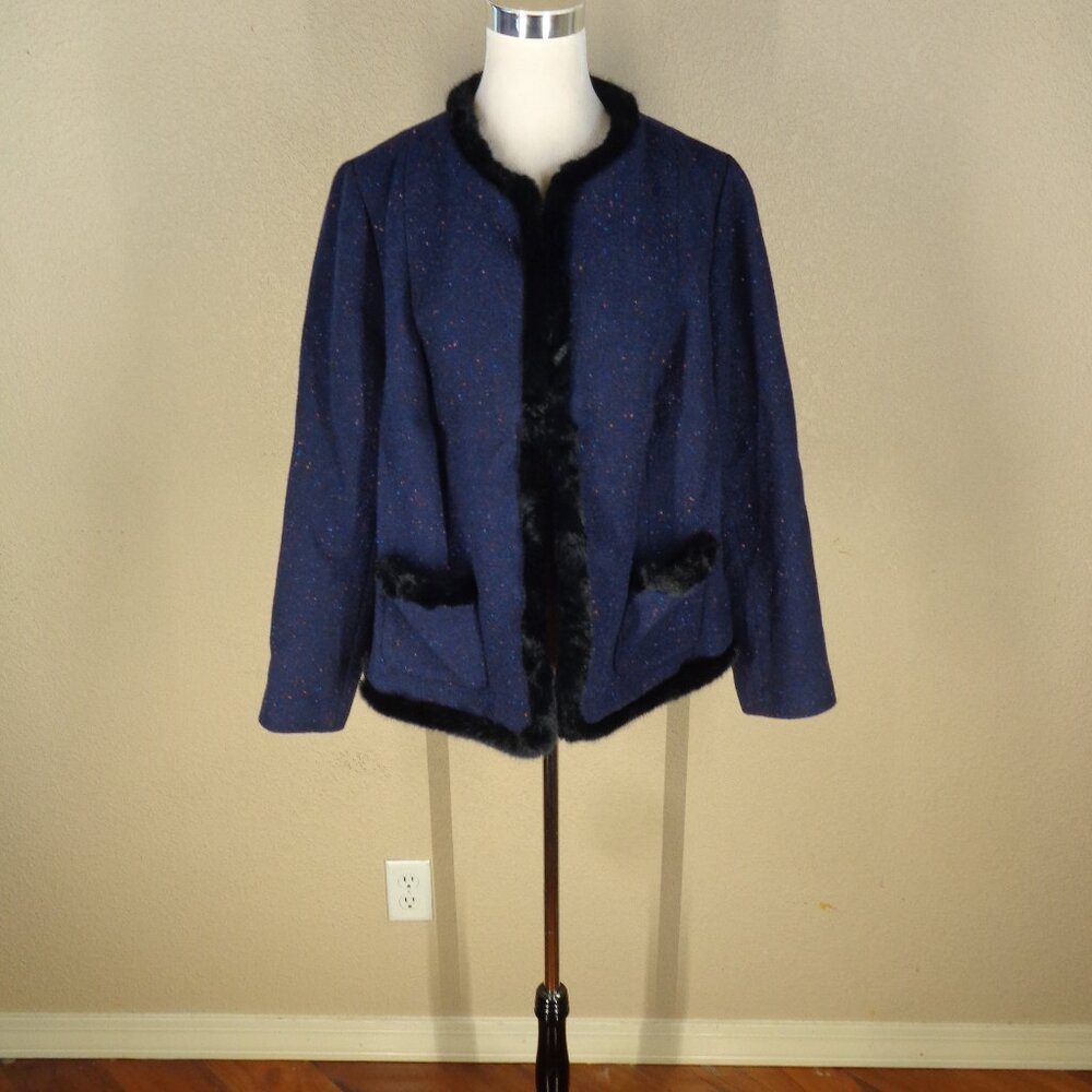 Talbots Woman Wool Blend Faux Fur Trimmed Shetland Blazer Jacket size 14W